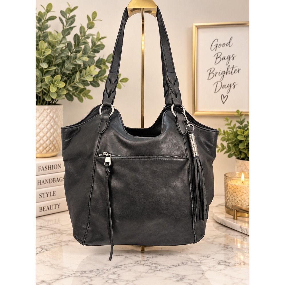The Sak Black Leather Shoulder Bag Braided Strap Tassel Hobo Tote